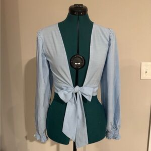 Superdown Light Blue Plunge Tie-Front Blouse